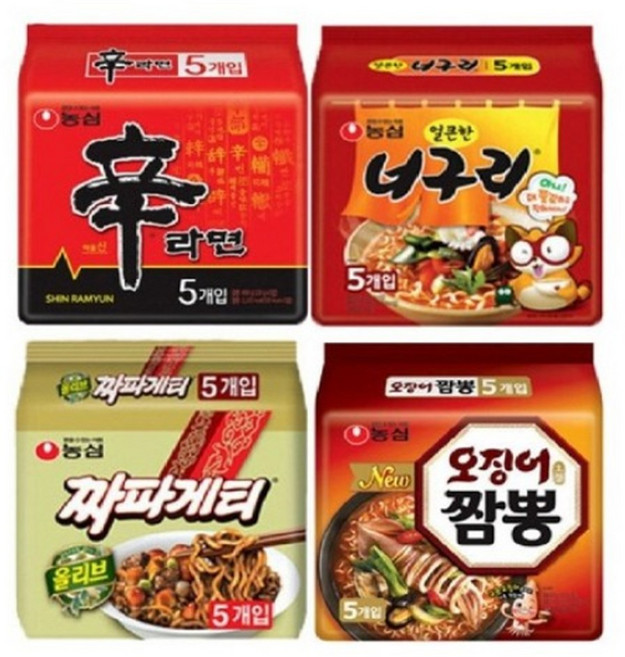봉지 라면 4종 신라면 5개+ 짜파게티 5개 + 너구리 5개 + 오징어짬뽕 5개, 20개