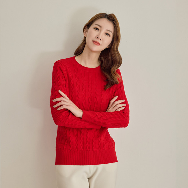 씨엘스토리 여성 라운드 루즈핏 케이블 꽈배기 니트