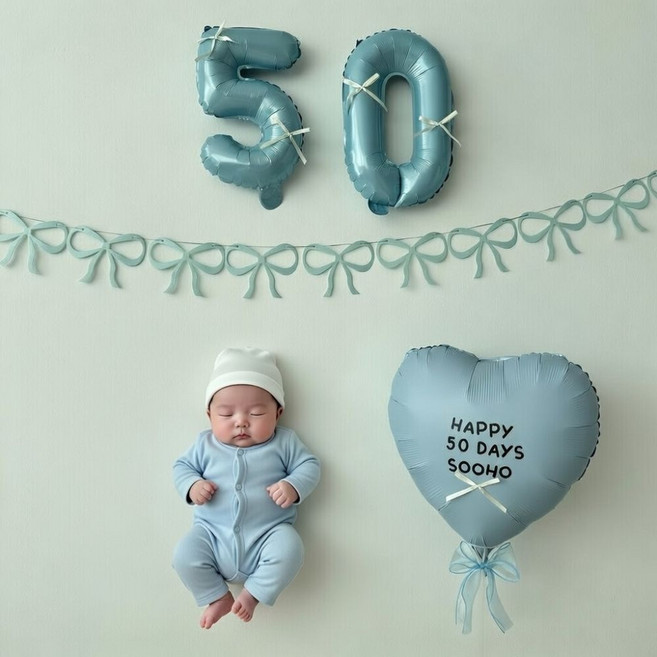 히얼투파티 아기 200일 셀프 촬영 소품 50일 100일 300일 500일 1000일, 1세트, 25.리본기념일_블루_50일