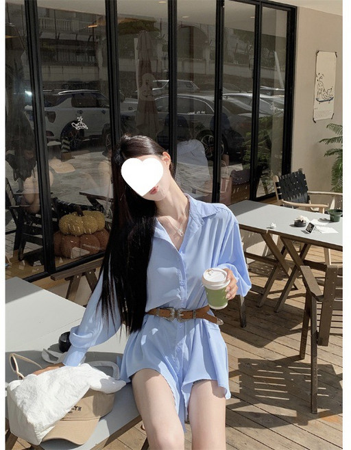 【甜酷不規則】襯衫裙 連衣裙 女裝 秋裝 長袖裙 襯衫連衣裙 寬鬆Polo領 設計感短裙 早秋新款 通勤休閒兩穿, 藍色+腰帶*1223