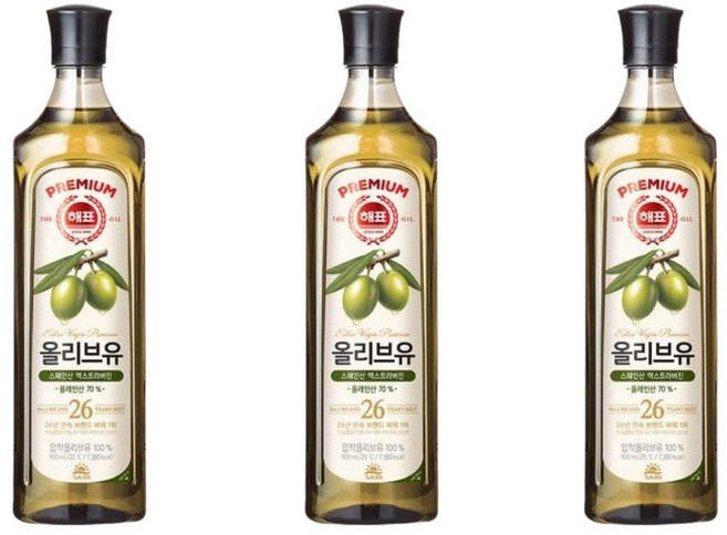 해표 압착 올리브유, 900ml, 3개
