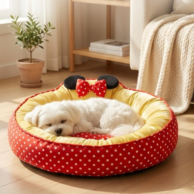 레드 리본 땡땡이 강아지 방석 쿠션, 1개