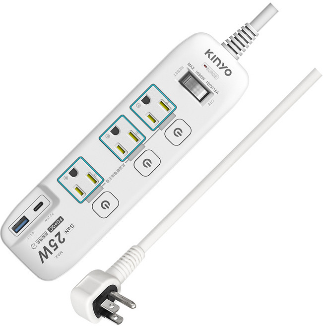 KINYO 4開3插PD+USB延長線 GIPD-343 GaN25W USB充電延長線 PD+QC快充插座, 1個, 9呎