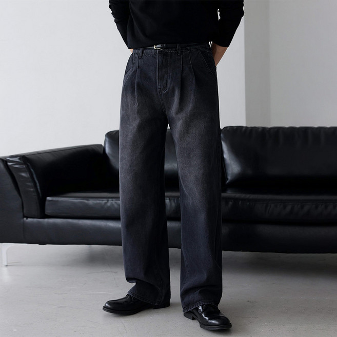 베이직바이블 자체제작 남자 체형보정 투턱 와이드 데님 팬츠 롱 허벅돼 청바지 통바지