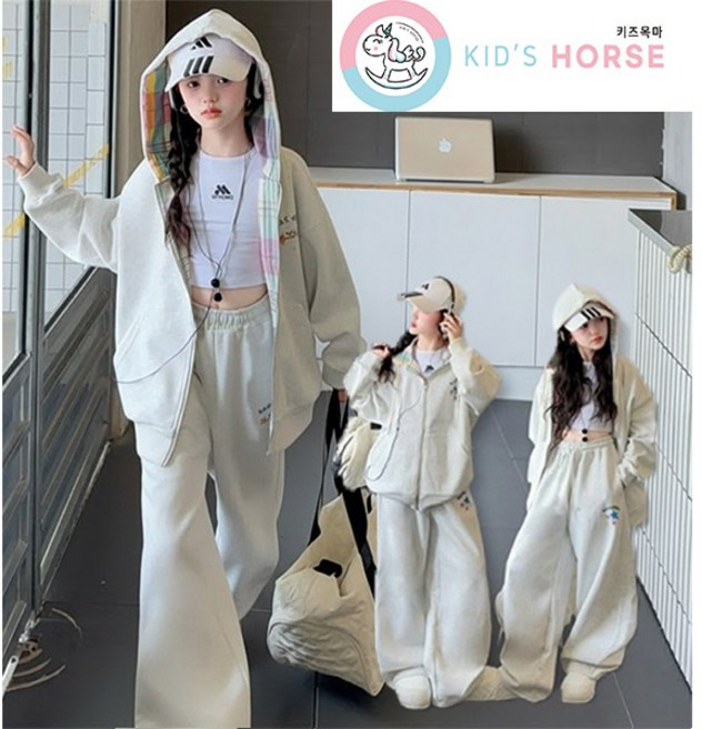 키즈목마 여아용 체크무늬 후드 집업 루프핏 상의 하의 세트 주니어 초등학생 캐주얼 데일리룩 698