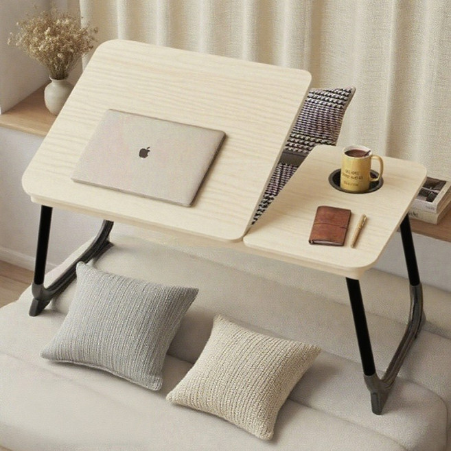 5단 각도조절 접이식 침대 테이블 멀티 노트북 베드 트레이 좌우 분리형 책상 68x40x25cm, 원목