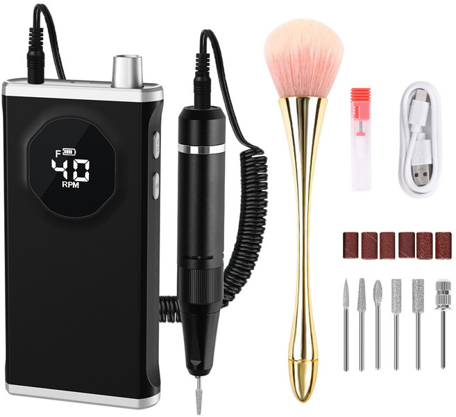 LOMESO 네일드릴기 전동 네일 머신 손톱 관리기 셀프 홈케어 젤네일드릴 전문 폴리셔, 검은색, 1개