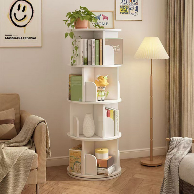 회전 책장 360도 회전형 조립식 원형 사각형 책꽂이 진열장, 화이트, 2단