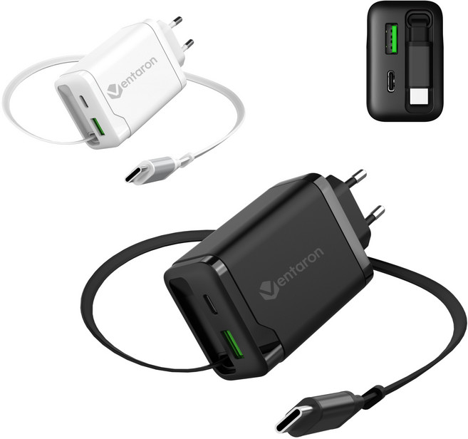 벤타론 GaN 65W C타입 케이블 일체형 내장형 초고속 2포트 멀티충전기, 1개, 화이트