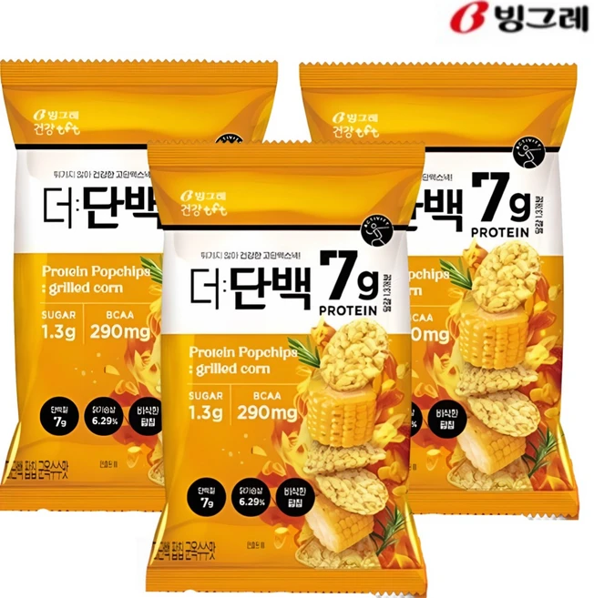 빙그레 더단백 군옥수수맛 팝칩 44g 무배/단백질과자/닭가슴살/더 건강한 간식, 3개 - 쿠팡