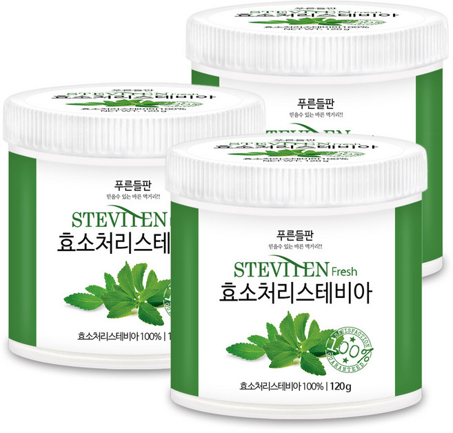 푸른들판 스테비텐 후레쉬 효소처리 스테비아 설탕 100% 슈가 파우더 분말 가루 대체 대용 감미료 베이킹 제빵 stevia, 120g, 3개