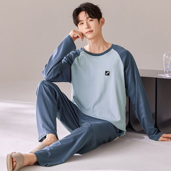 메인워크 남자 잠옷 상하의 세트 봄가을 순면 긴팔 캐주얼 루즈핏 홈웨어 긴팔 긴바지 소프트 데일리 실내복 상하 투피스