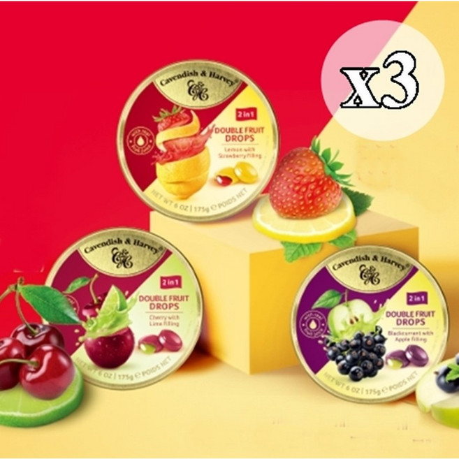 New 더블프룻 3종세트 캐빈디쉬앤하비 틴케이스캔디 레몬 딸기 멜론 체리등, 3개, 175g