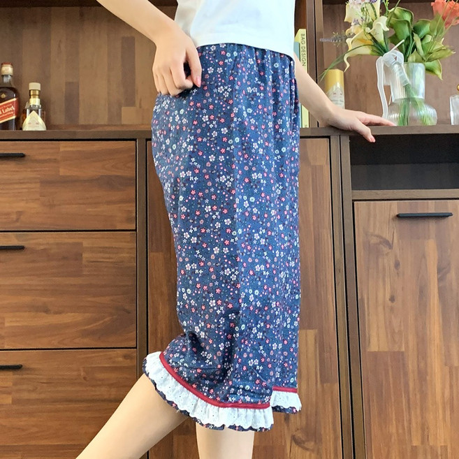 여성 플라워 60수 면 꽃패턴 7부 레이스 파자마 바지