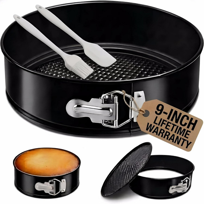 9인치 스프링폼 팬 4mm 두께의 탄소강 치즈케이크 탈착식 바닥 누수 방지 논스틱 케이크 실리콘 오일 브러시 및 스크레이퍼 포함 450F까지 안전한 오븐, 1세트