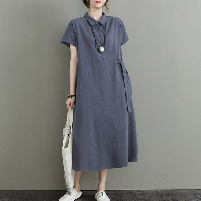 ORZQU 여름 여성 루즈핏 솔리드 면 린넨 반팔 원피스 심플 캐주얼 문예 원피스