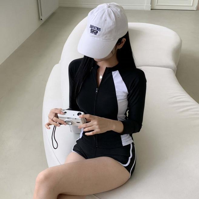 [상하의SET] 서퍼 배색 집업 나그랑 반크롭 슬림핏 래쉬가드 수영복, 블랙