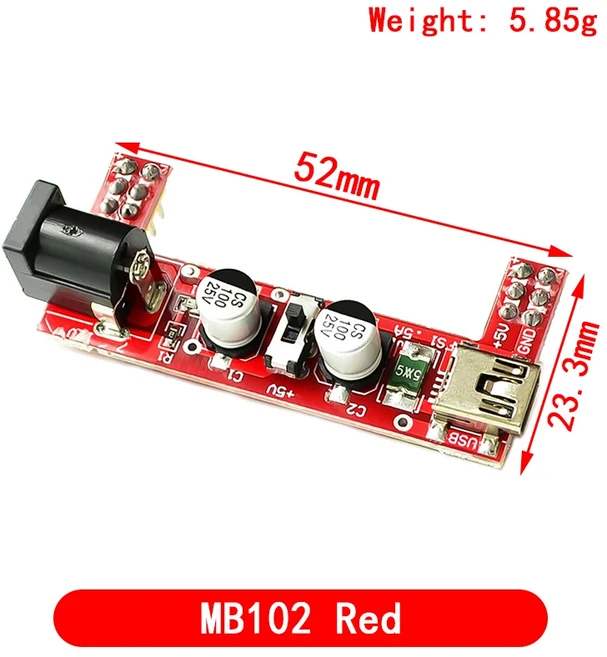 3.3V/5V MB102 브레드 보드 전원 모듈 + 400 포인트 솔더리스 프로토 타입 키트 유연한 점퍼 와이어 65 개, 03 MB102 Red