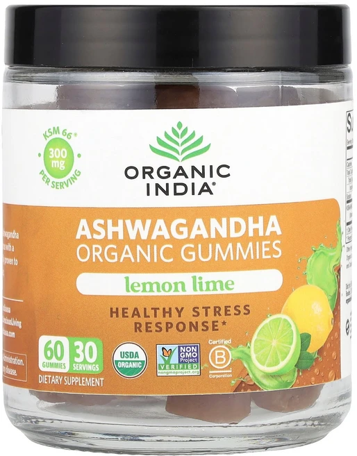 Organic India 유기농 아슈와간다 구미젤리 레몬 라임 맛 구미젤리 60개(구미젤리당 150mg) India (오가닉 인디아), Organic India, 유기농 아슈와간다 구미젤리,, 1개, 60정 - 쿠팡