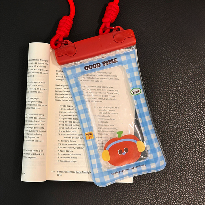 에어쿠션 캐릭터 휴대폰 핸드폰 공기 보호 스트랩 방수팩, 1개, 체크사과