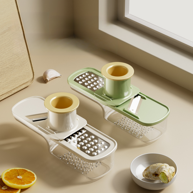 3in1 다용도 마늘 슬라이딩 갈릭프레스 생강 마늘 슬라이서 압착기, 그린+베이지, 2세트