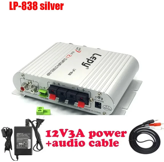 Lepy 미니 디지털 파이 자동차 파워 앰프 LP-838 2.1CH 서브우퍼 스테레오 베이스 오디오 플레이어, 01 LP-838 silver