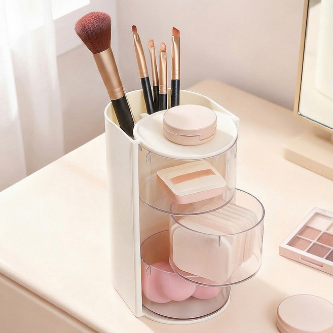 회전식 메이크업 브러쉬 퍼프 정리함, 화이트, 1개