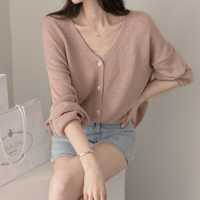 바이단미 MADE 여성 니트 스웨터 긴팔 브이넥 빅사이즈 루즈핏 오버핏 부클 둥근 가디건