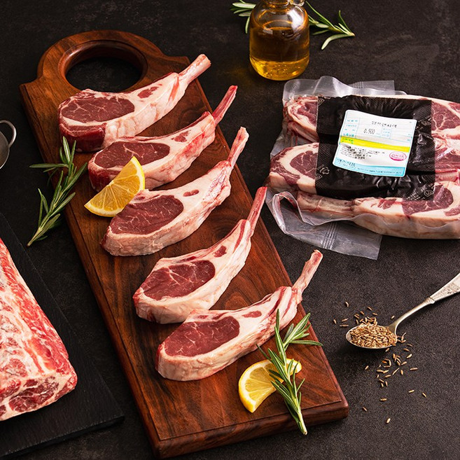 (당일발송) (램스푸드) 호주산프리미엄양고기램 캠핑용 구이용 스테이크 시즈닝 숄더랙 양꼬치 큐브 프렌치랙 양늑간살 양살치살 [ 양프랜치랙500g+쯔란양념10g ], 1개, 500g