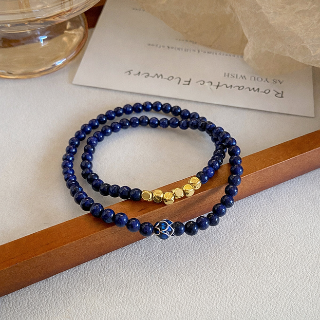 웰리나 부와 행운의 청금석 연꽃 금볼 두줄 팔찌 18k 도금 원석팔찌
