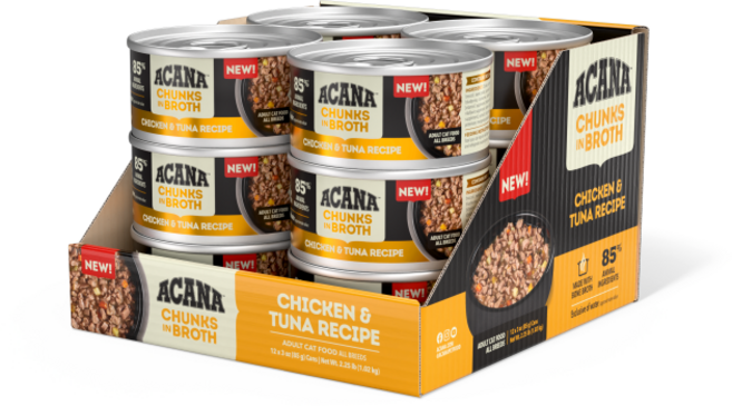 아카나 청크 인 브로스 치킨 참치 레시피 전연령 고양이 습식캔, 12개, 85g, 닭+참치