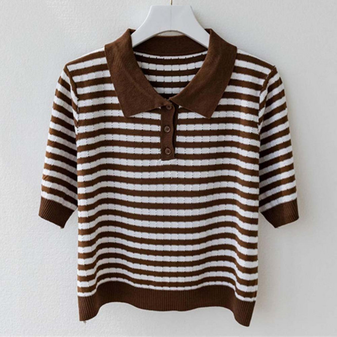 TKX 여성 부드러운 스트라이프 카라넥 니트 스웨터 봄 가을 반팔 베이직 데일리