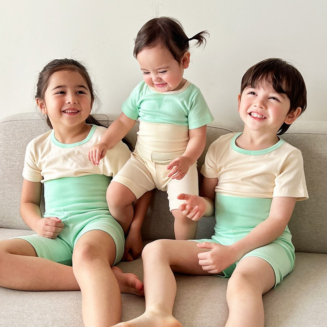 ECLL 국내생산 아동 반팔 실내복 골지 스판 잠옷 상하 세트