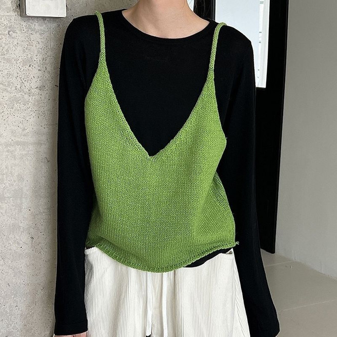 Makone 여성 V넥 루즈핏 니트 끈나시 조끼 뷔스티에 나시