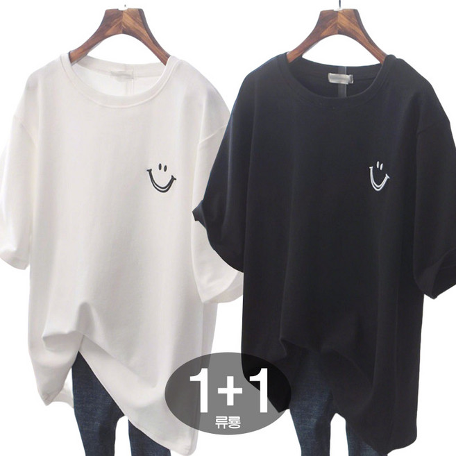 류룡 1+1 라운드넥 반팔 여사 오버핏 웃는 얼굴 프린트 티셔츠