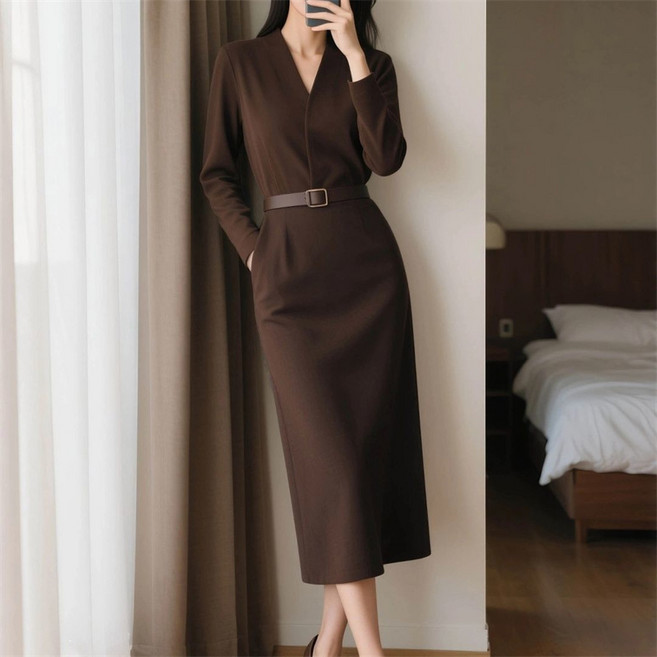 AOKADA 여성 봄 가을 슬림핏 브이넥 오피스룩 하객룩 심플 정장 원피스