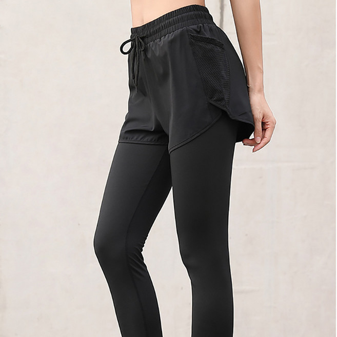 슬림소녀 여성 하이웨스트 헬스 일체형 레이어드 9부 반바지 레깅스 필라테스 요가바지