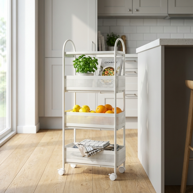 르엘 슬림 이동식 선반 틈새 트롤리, 4단, 아이보리