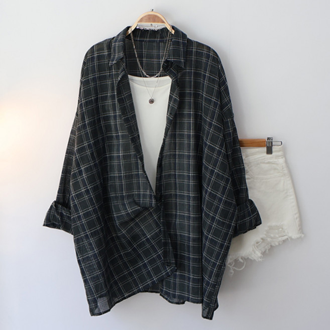 스카이코코 여성 긴팔 남방 빅사이즈 몰리 거즈 체크 셔츠