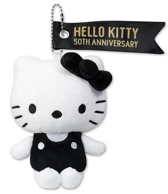 키티 인형 키링 50주년 검은색 흑백 봉제 캐릭터 키홀더 열쇠 가방 고리, 1개, 블랙화이트