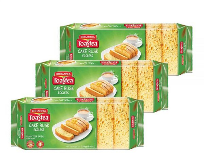 BRITANNIA 케이크 스낵 브리타니아 토스티아 에그리스 러스크 19.40온스 550g 부드럽고 촉촉하며 맛있는 아침 및 차 시간 간식 3개입, 3개