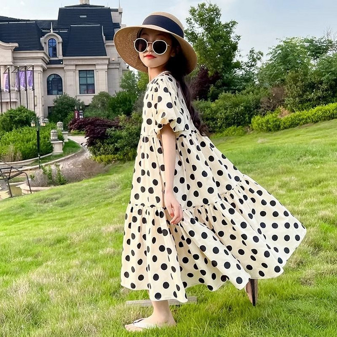 Toruva어린이 봄여름 라운드 넥 도트 퍼프 소매 원피스 귀여운 상큼한 드레스14세 이상