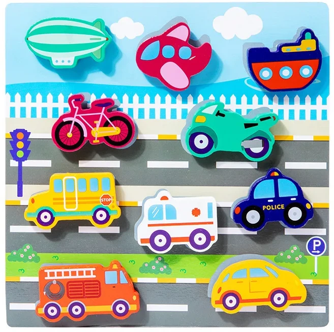 나무 몬테소리 장난감 동물 운송 바다 과일 조기 교육 재미있는 3D 붙여 퍼즐 어린이, 04 car