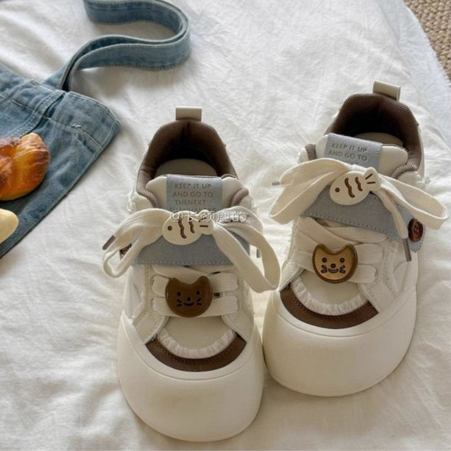 圓頭厚底小白鞋，舒適透氣，學生百搭休閒鞋, 棕色,38 下單急速發貨