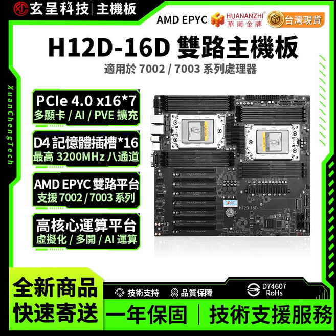 華南金牌 H12D-16D 雙路主機板 適用於 EPYC 7002/7003 系列處理器, 主板+EPYC-7532*2+散熱器*2