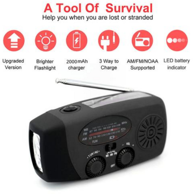 태양 전지 패널 2 개가 있는 비상 태양광 라디오 1200010000mAh AMFMNOAA 날씨 라디오 태양광 핸드 크랭크 독서 램프 SOS 알람, 8) Black 2000mAh, Black 2000mAh