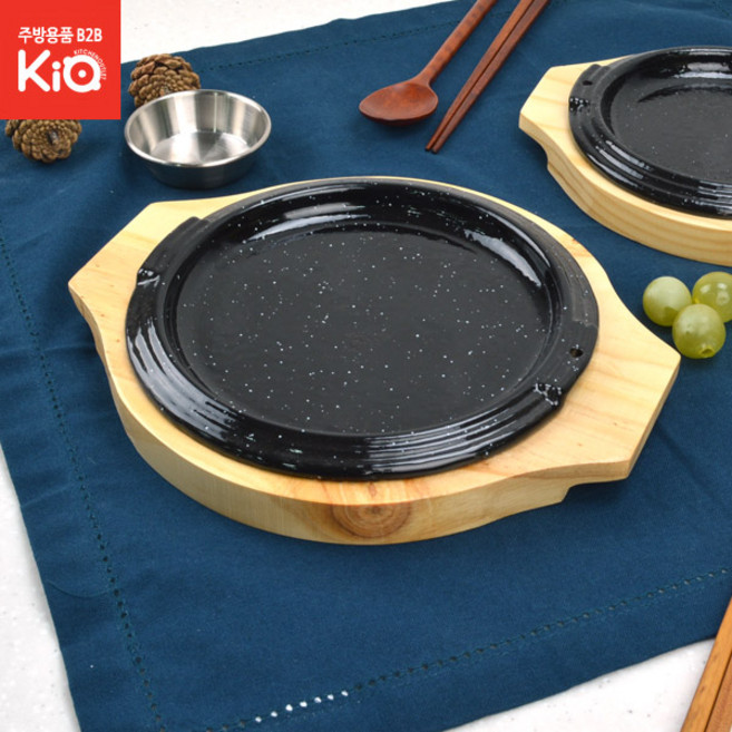 스테이크철판 줄함박 맥반석 법랑 함박스테이크판, 원형줄함박 철판+목판받침(HW) 3호, 1개