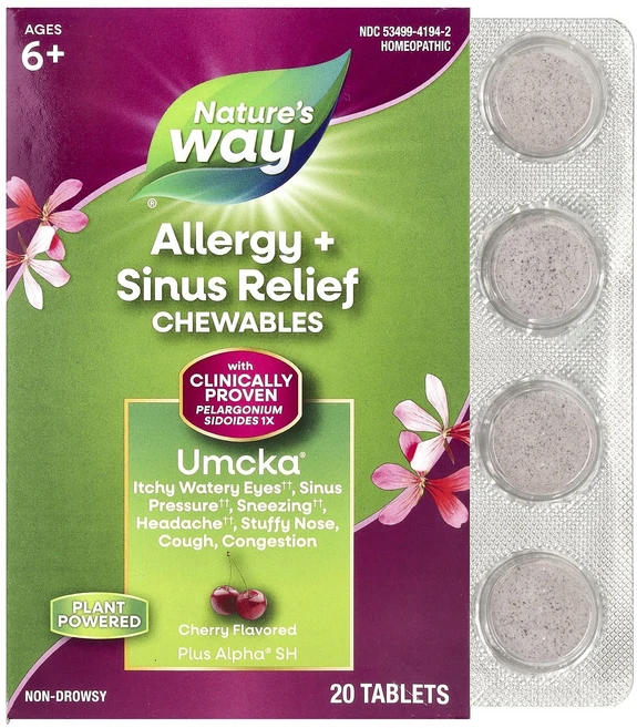 Nature's Way Umcka® 알레르기 + 부비강 완화 츄어블 만 6세 이상 체리 20정, NaturesWayUmcka알레르기부비강완화츄어블만6세, 1개 - 쿠팡