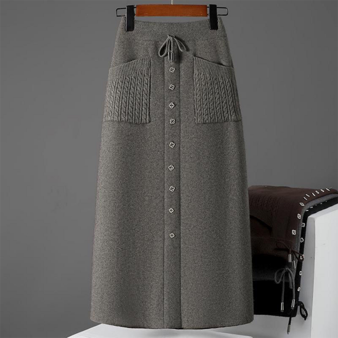 VVRR 여성 드로우스트링 장식 단추 포인트 포켓 디자인 니트 반신스커트 C0102902