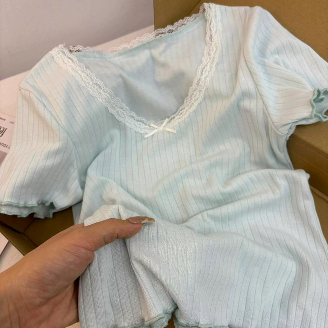 해피유통아동 여자 여름 레이스 V넥 반팔 티셔츠14세 이상 XG03